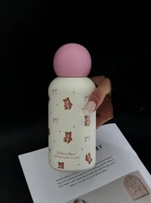 1pc 350ml Teddy Bear Bow Stainless Steel Double Wall Insulated Cup, Flat Bottom Mug, Coffee Cup, Water Bottle, Outdoor Tumbler, Tea , Unique Tea Cup Lid Design, Suitable For Outdoor, Office, Home, School, Car, Birthday Gift, Holiday Gift, Mother's Day, Father's Day, Back To School, Valentine's Day
