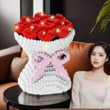 1 Set Rose Flower Bouquet Building Blocks Toy, Small Particles Assembly Blocks, 3D Toy, Valentine's Day Gift For Friends And Family, Rose Flower Gift, Adult And Teenager Building Blocks Toy