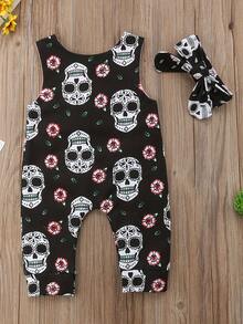 2 piezas de mono de calavera para bebé recién nacido, niño y niña, mono floral sin mangas, mono con diadema - Negro - Ver 2