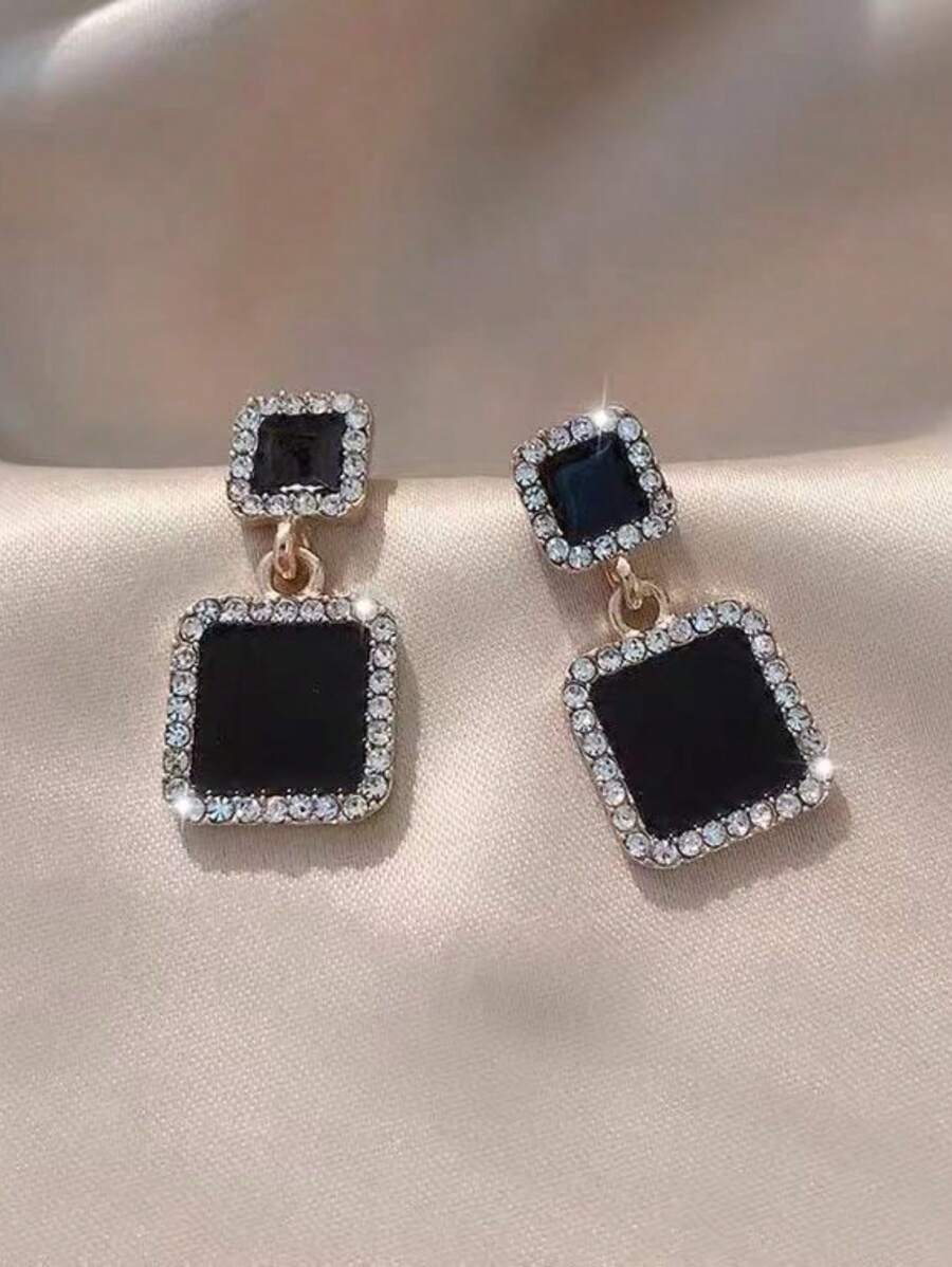 1 Pair Black Square Rhinestone Glazed Earrings, Classic & Versatile Fashion Design, Suitable For Women