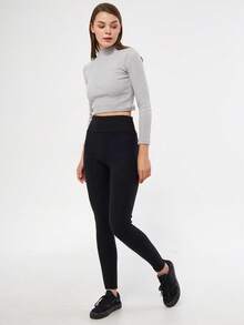 OYGA Casual Versatile Solid High Waist Leggings - Black - View 3