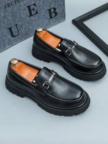 Men's Black Derby Shoes, Round Toe, High-End Thick Bottom Elevator Shoes, Suitable For Business Formal Or Casual Wear, Wide Fit, Premium Quality, Anti-Skid Rubber Sole, Abrasion Resistant (Suede PU Leather + Patent Leather, Branded Design) - Black - View 4