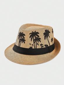 1pc Coconut Tree Bohemian Casual Vintage Polyester Satin Ribbon Printed Straw Braid Jazz Hat, Versatile Unisex Accessory Suitable For Carnival, St. Patrick's Day, Ramadan/Lslamic