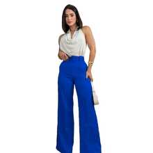 Pantalon mujer corte amplio cintura alta con cinturon elegante - azul real - Ver 4
