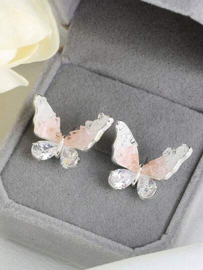 2 Pieces Of Elegant Premium Butterfly Stud Earrings Forest Crystal Fairy Sweet Lady Earrings Cute Gradient Color Unique French Exquisite Earrings Versatile Light Luxury Daily Date Party Birthday Gift Valentine's Day Gift For Friends For Girlfriends(I Don't Bring A Box),Mom,Mother,Mother's Day,Gift