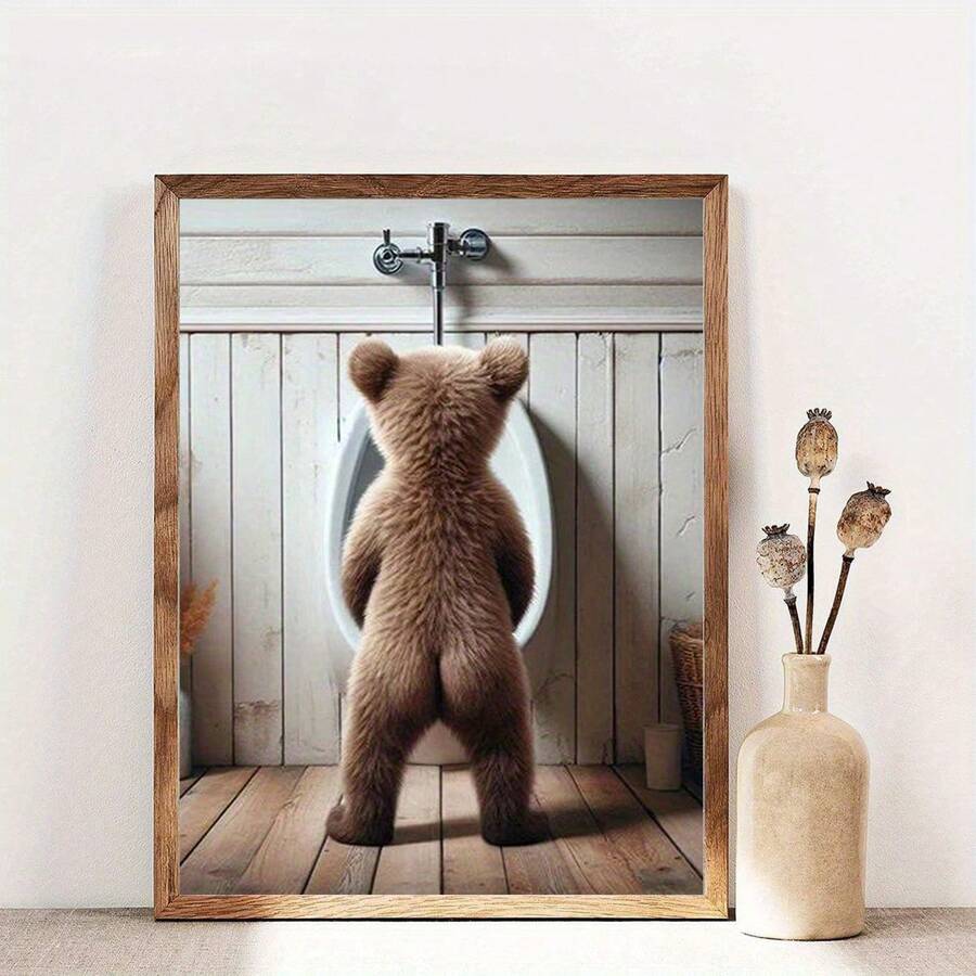 1 Pc  Toilet Bear Room DecorationWooden Framed Canvas Painting -  Thickness 2.25cm/0.9inch,Home Gift Decoration, Room Decoration Aesthetic, Wall Decoration Art, Perfect Gift, Autumn And Winter Wall Decoration, Living Room Decoration, Bedroom Decoration, Kitchen Decoration, Entry Decoration, Bathroom Decoration, Direct Wall Painting, High Quality Wall Painting Poster - White - View 1