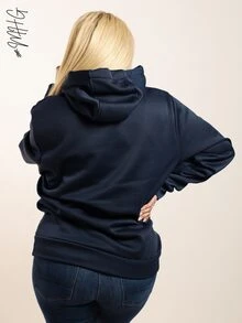Sudadera Hoodie Para Mujer Casual y Linda De Moda Dama Juvenil Con Capucha y Cordon Central para Ajustar la Capucha y Bolsillo Delantero tipo Canguro con Hombros Caidos, Apta para todo de ocasion casual, Jardin o estar en Casa - Azul Marino - Ver 3
