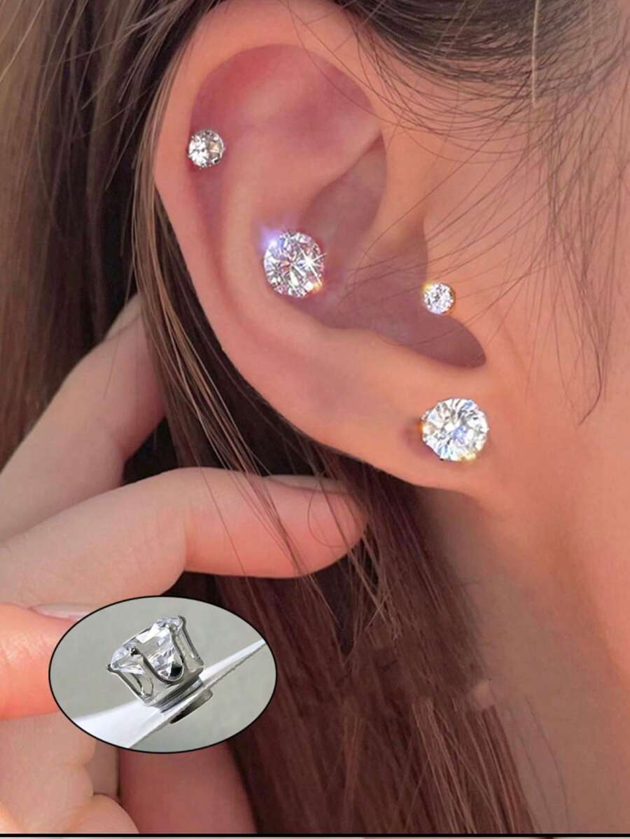 3 件时尚简约磁性耳钉，耳垂磁铁耳环适合女性在任何场合佩戴 - 銀色 - 查看 1