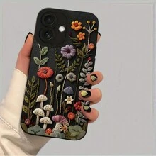 Flower 1 件黑色哑光刺绣鲜艳花卉图案手机壳，适用于 16 Pro Max、15、14 Plus、13、12、11 及系列防水防震防摔防刮