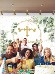 1 Stück Fotohintergrund für erste heilige Taufe mit Grünpflanzen, Friedenstaube und goldenem Design, 210cm x 150cm, Neugeborenen Geburtstag Fotohintergrund für drinnen und Outdoor