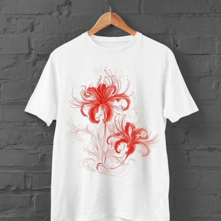 Spider Lily Print Shirt Floral Shirt Harajuku Y2K Top Anime Shirt Japanese Streetwear Kanji Print Shirt Japanese Flower Shirt (1) - White - View 1