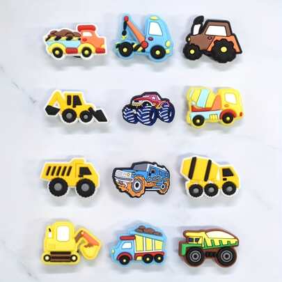 12/18pcs Automobile Series PVC Shoe Charms Set - Plastic Decoration Buckles For Shoes Featuring Mini Excavator, Bulldozer, Crane, Cement Mixer, And Freight Truck Designs