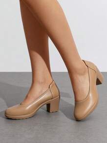 Women's Chunky Pumps Closed Toe Low Block Heels Comfortable Classic Round Toe Dress Wedding Work Four Seasons Ladies Heels Shoes - Apricot - View 3