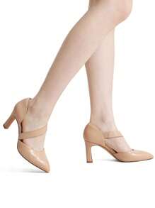Women 3 Inch High Heels Pumps Closed Pointed Toe Fashion Classic Comfortable Party Wedding Dancing Heeled Shoes With Elastic Asymmetric Instep Strap - Apricot - View 7