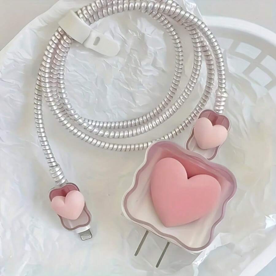 5 件粉色 3D 心形数据线保护器、IPhone14 Pro Max 充电器保护器、IPhone13/12/11 充电器线绕线器 18/20W 快速充电器收纳盒，送给男朋友/女朋友的礼物 - 多色 - 查看 1