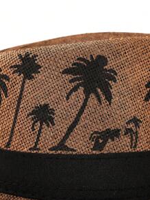 1pc Coconut Tree Bohemian Casual Vintage Polyester Satin Ribbon Printed Straw Braid Jazz Hat, Versatile Unisex Accessory Suitable For Carnival, St. Patrick's Day, Ramadan/Lslamic