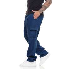 Unisex Cargo Pants, Wide Leg Twill Material, 6 Pockets - Dark Wash - View 3