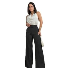Pantalon mujer corte amplio cintura alta con cinturon elegante - Negro - Ver 4