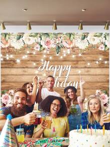 1 Stück Holzboden Blumen Glücklich Geburtstag Fotografie Hintergründe Aquarell Blumenparty Banner 150 x 100 cm/210 x 150 cm/230 x 180 cm, Innen- und Außenbereich Neugeborenen Foto Hintergrund