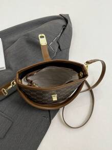 Bolso de hombro, bolso de mano, bolso tipo cubo de color contrastante de moda - Marrón - Ver 6