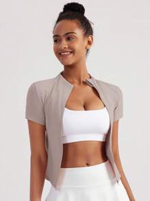 [Spring/Summer] VUTRU 1pc Women's Front Zip-Up Short Sleeve Slim Fit Sports Jacket With Contrast Mesh, Suitable For Yoga, Daily Casual, Fitness - Dusty Pink - View 5