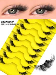 GROINNEYA 9 对假睫毛自然半睫毛猫眼透明带状睫毛蓬松纤细 3D 仿貂毛睫毛套装软条假睫毛