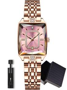 POEDAGAR 1件女士优雅玫瑰金不锈钢石英腕表，带日期显示，30米防水，夜光，休闲时尚女士腕表，附赠礼盒，适合商务场合，女士礼物