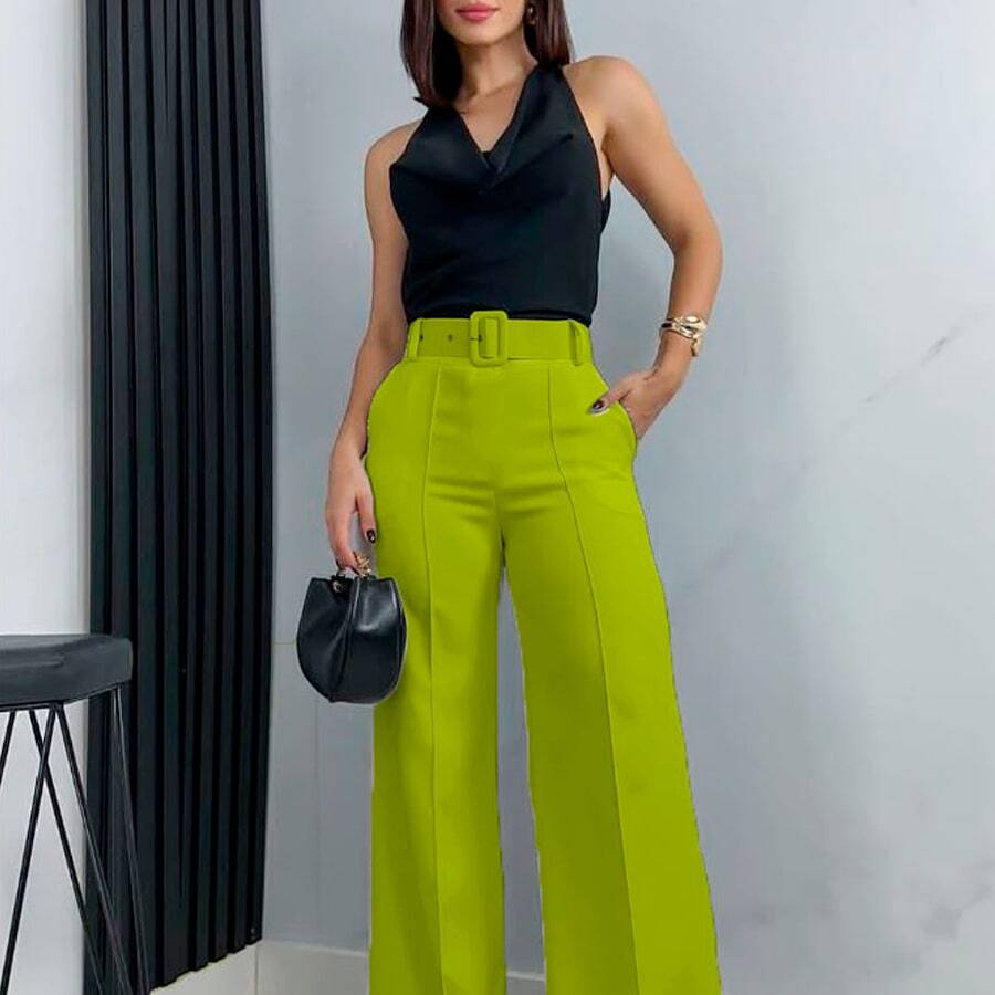 Pantalon mujer corte amplio cintura alta con cinturon elegante - Verde Lima - Ver 1