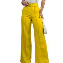 Pantalon mujer corte amplio cintura alta con cinturon elegante - Amarillo - Ver 2