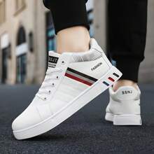 Men ZHENYUEZU Skate Shoes - Versatile Casual Sneakers, Mid-Top, Lace-Up, White With Red/Blue Stripe Details, Durable PU Upper And EVA Insole, Round Toe Design, Suitable For Casual Wear, Skate Shoes - màu đen - Xem 4