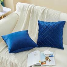 1pc Solid Color Velvet Diamond Pleated Decorative Pillowcase In Navy Blue