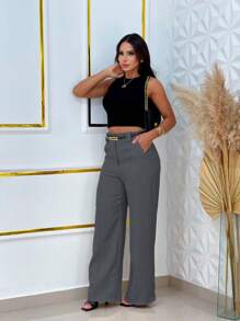 Wide Leg Tailored Dress Pants With Belt - Dark Gray - View 2