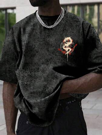 男士新款十字图案短袖T恤，男士做旧雪花针织T恤，高街复古风印花圆领夏季短袖T恤