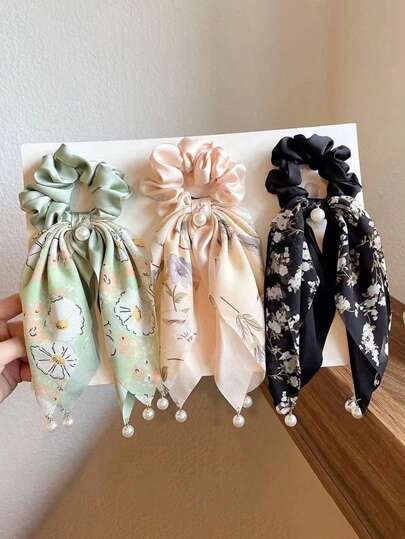 2个/3个/6个/8个新款优雅花卉雪纺发圈，饰有珍珠，百搭女士发饰