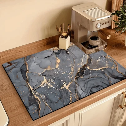 1pc Marble Nobility Golden Pattern Printed Drain Mat, New Absorbent Kitchen Countertop Drying Pad, Kitchenware Drying Mat - Dish Drying Mat, Soft Diatomite Anti-Slip Quick-Dry Pad, Suitable For Kitchen Countertop, Coffee Maker, Espresso Machine