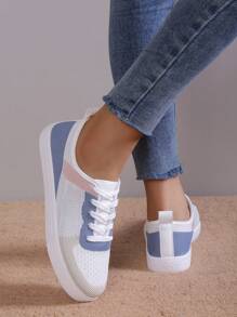女士白色厚底运动鞋，运动休闲鞋，防滑面料透气学生鞋，款式 - 彩色 - 查看 4
