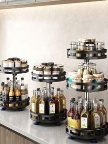 1 pieza Organizador giratorio de 360° para especias, estante de almacenamiento de acero negro para condimentos, aceite y vinagre - Elemento esencial para la organización de la cocina