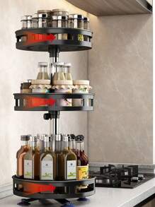1 pieza Organizador giratorio de 360° para especias, estante de almacenamiento de acero negro para condimentos, aceite y vinagre - Elemento esencial para la organización de la cocina