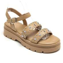 Summer Casual Fashionable Daily Commute Rivet Double Strap Metal Buckle Thick Sole Sandals - Khaki - View 2