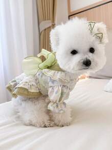 1pc Pet Dress, Cute & Stylish Puppy/Kitten Outfit, Small Breed Dogs Apparel, Comfortable Green Fairy-Tale Dress - Green - View 5