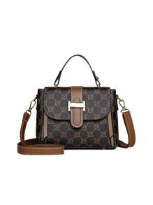 时尚大容量花纹手提包，大容量双层开口包，中年优雅手提包 - 棕色 - 查看 3