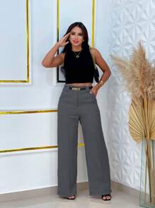 Wide Leg Tailored Dress Pants With Belt - Dark Gray - View 4