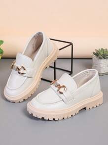 1 Pair Plus Size Girls' Ivory Soft Leather Shiny Rhinestone Butterfly Metal Buckle Decor Round Toe Flat Non-Slip Fashion Cute Princess Loafers, Suitable For 3-15 Years Old Female Students Daily Casual Party Holiday Wear, Spring/Autumn 2025 New (This Shoe Runs Large, Please Order One Size Down) - Beige - View 7