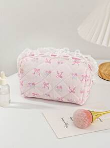 1Pc Pink Bow Knot And Floral Pattern Quilted Multifunctional Cosmetic Organizer Handbag Bath Shower Wallet Pouch Portable Cosmetics Brush Storage Clutch With Zipper Closure For Lipstick, Brush, Skincare, Mobile Phone, Coin, Small Items, For Home, Travel, Vacation And School Use,Makeup Bag Makeup Travel Essentials Travel Accessories Travel Must Haves