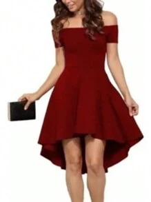 Short Party Off-The-Shoulder Mullet Dress - Maroon - View 2