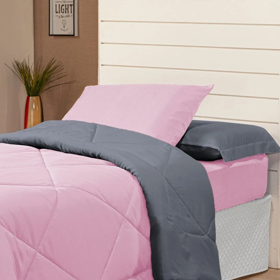 4 Piece Kit Double-Sided Single Duvet + 2 Piece Sheet Set - Pink/gray - View 1