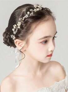 1 pieza Diadema de princesa con flor blanca, diadema de perlas para vestido de pelo de niña y niñas de las flores, linda banda de pelo de novia para boda, accesorios de pelo para niñas - Blanco - Ver 4