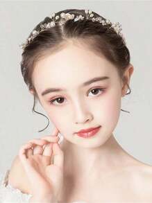 1 pieza Diadema de princesa con flor blanca, diadema de perlas para vestido de pelo de niña y niñas de las flores, linda banda de pelo de novia para boda, accesorios de pelo para niñas - Blanco - Ver 5