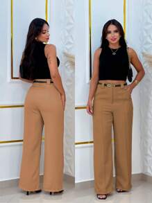 Wide Leg Tailored Dress Pants With Belt - Dark Beige - View 1
