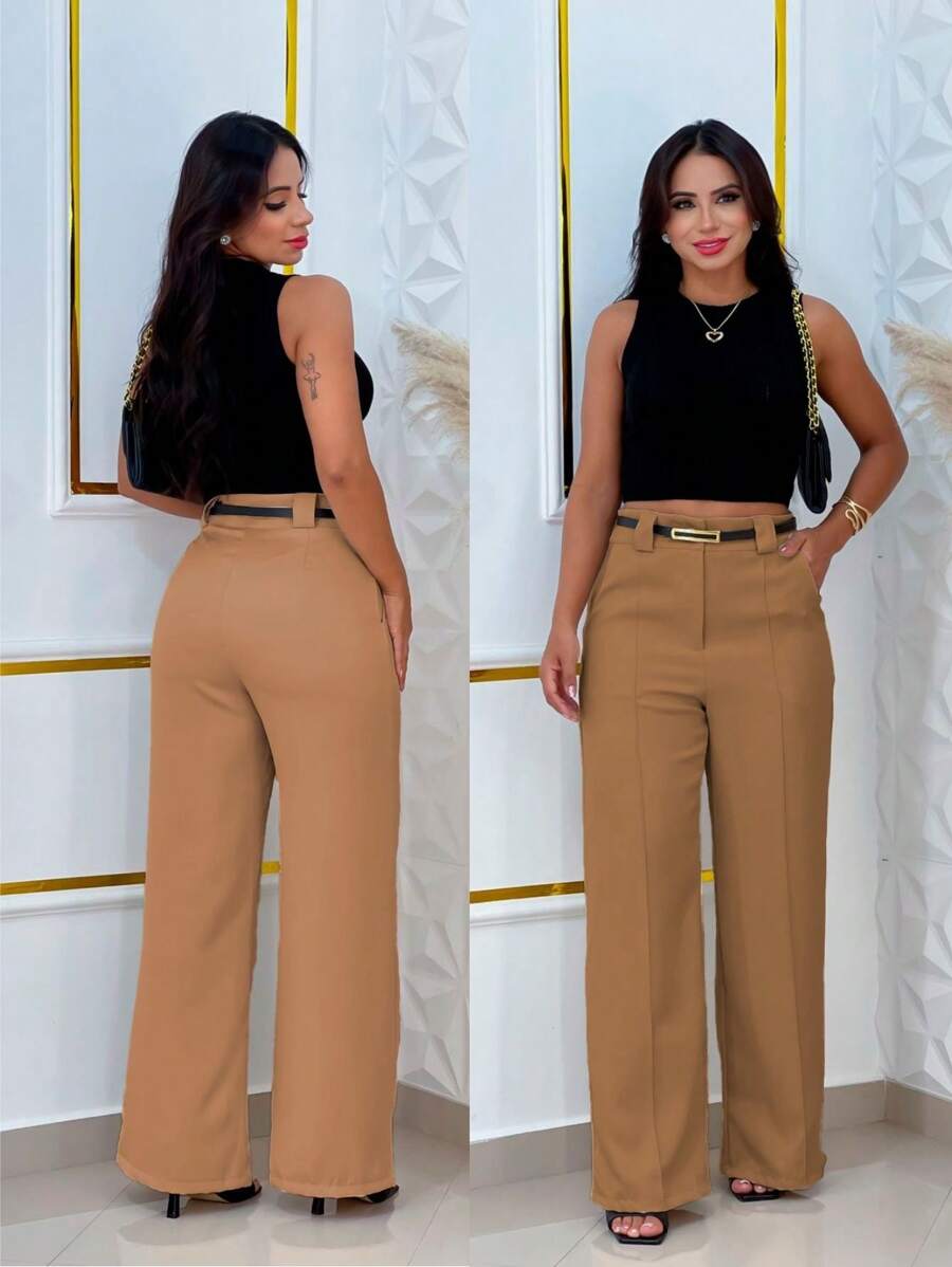 Wide Leg Tailored Dress Pants With Belt - Dark Beige - View 1